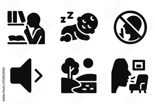 Quiet Icon Set. Solid, filled icon set of quiet environments: library silence, sleeping baby, meditation pose, no talking sign, sound off, peaceful nature,