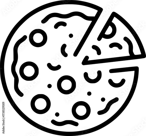 A simple black and white line drawing of a whole pizza with two slices removed, showing the remaining circular pie and the two separate slices.
