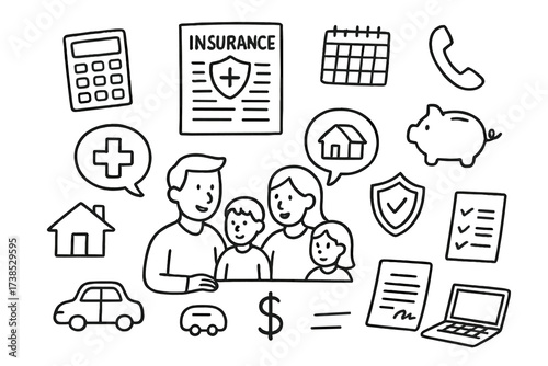 Family Insurance Doodles. Hand-drawn doodle illustration Discussing insurance plans for the family family group, insurance document, calculator, speech