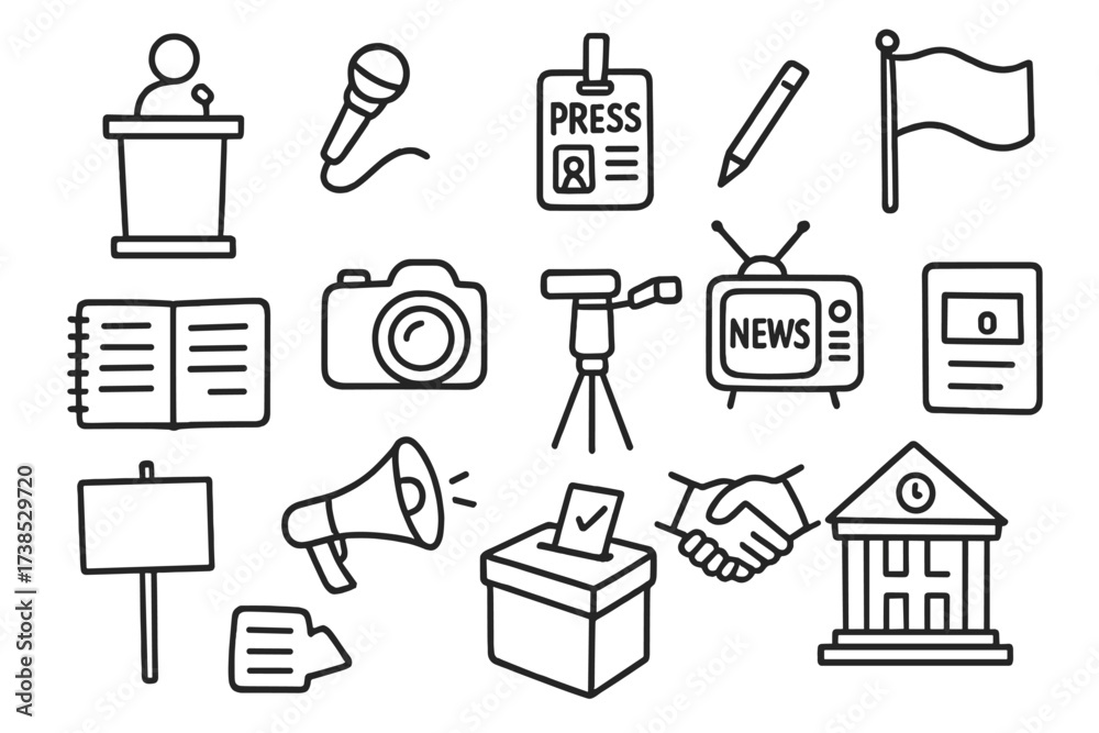 Fototapeta premium Political Journalism Icons. Hand-drawn doodle illustration Political journalism podium, microphone, flag, press badge, notebook, camera, tripod, television,