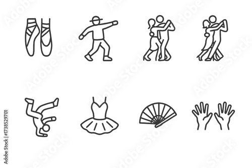 Dance Style Icons. Outline icon set of dance styles: ballet shoes, hip hop dancer, salsa couple, tango pose, breakdance move, ballet tutu, flamenco fan, jazz