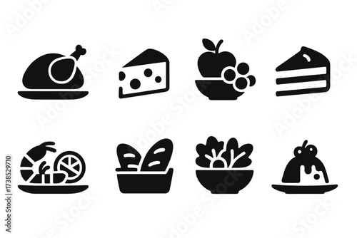 Banquet Feast Icons. Solid, filled icon set of banquet food items: roast turkey, cheese platter, fruit bowl, cake slice, seafood platter, bread basket, salad
