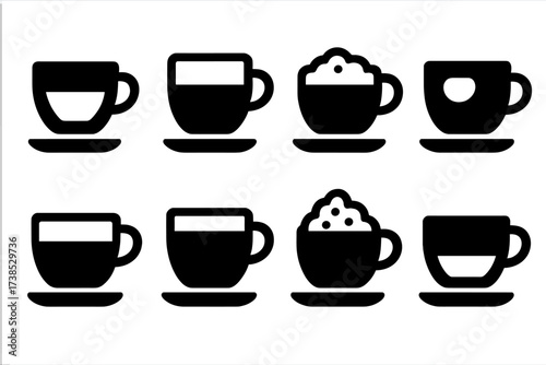 Coffee Icon Grid. Solid, filled icon set of coffee types: espresso, latte, cappuccino, macchiato, flat white, americano, mocha, ristretto. Solid, filled icons