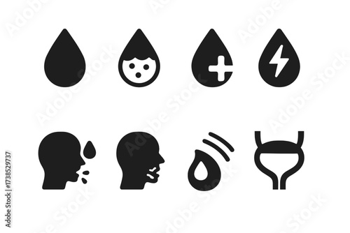 Hydration Icons Set. Solid, filled icon set of hydration levels: normal hydration, dehydration, overhydration, electrolyte imbalance, thirst, dry mouth, sweat,