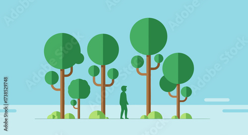 Lush Green Forest Scene with Person Silhouette, Flat Design Nature Illustration
