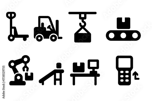 Warehouse Machinery Icons. Solid, filled icon set of warehouse machinery: pallet jack, forklift, crane, conveyor belt, robot arm, loading ramp, packing