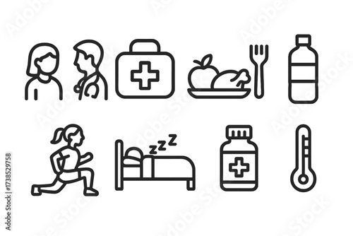 Sister's Health Icons. Outline icon set of sister?s health and care: doctor visit, first aid kit, healthy meal, water bottle, exercise, sleep, medicine bottle,