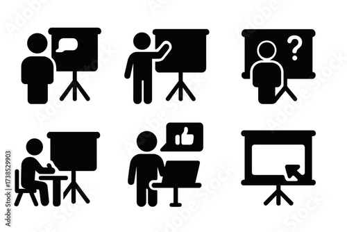 Presentation Icons Set. Solid, filled icon set of presentation actions: speak, raise hand, applaud, question, note-taking, feedback, record, share screen.
