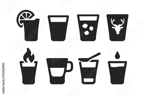 Popular Drink Shots Icons. Solid, filled icon set of popular shot types: tequila shot, vodka shot, whiskey shot, jagermeister, sambuca, espresso shot, absinthe