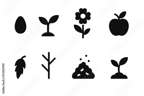Plant Lifespan Icons. Solid, filled icon set of lifespan in plants: seed, sprout, flower, fruit, wilted leaf, dry branch, compost, regrowth. [Solid, filled