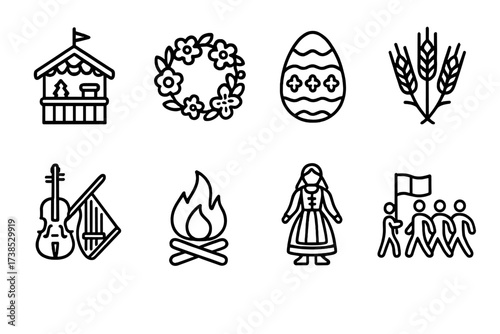 Scandinavian Icon Sets. Outline icon set of Norwegian architecture: stave church, wooden cabin, modern opera house, mountain lodge, bridge, lighthouse, fishing