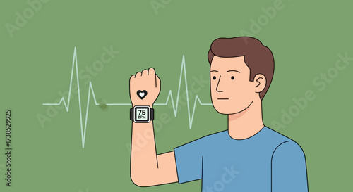 Man monitoring heart rate on smartwatch with health graph background