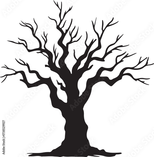 Leafless Tree Silhouette. Silhouette of a leafless tree with twisting branches extending from a thick trunk. Set against a white background, the stark contrast emphasizes the intricate, angular patter