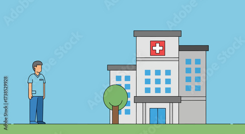 Healthcare Hero Standing Outside a Modern Hospital Building with a Tree