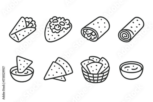 Flatbread and Juice Icons. Outline icon set of flatbread serving styles: folded wrap, open-faced, stuffed bread, rolled sandwich, dipped flatbread, cut slices,