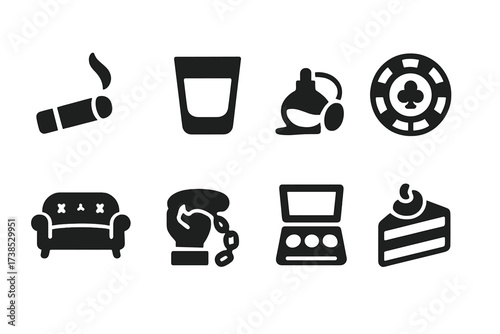 Indulgence Icon Set. Solid, filled icon set of vice and indulgence: cigar, shot glass, poker chip, velvet couch, spilled perfume, eye shadow, chained wrist,