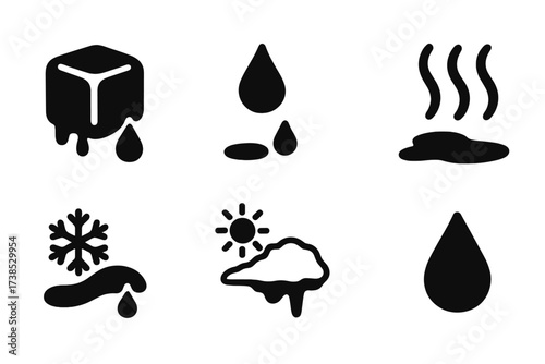 Water Cycle Icons. Solid, filled icon set of ice melting and water cycle: melting ice cube, dripping water, puddle, steam, frost thaw, snow melt, icicle drip,
