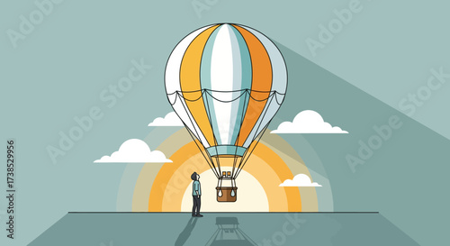 A person looks at a hot air balloon against a rising sun, symbolizing new opportunities, future aspirations, and the journey of a startup towards success and adventure