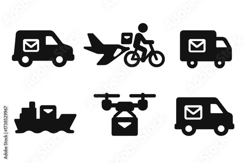 Postal Transport Icons. Solid, filled icon set of postal transport modes: delivery van, airplane, bicycle courier, mail train, cargo ship, drone,