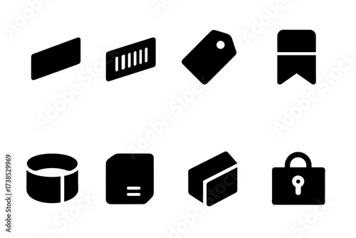 Adhesive Labels Icon Set. Solid, filled icon set of adhesive banderol: sealed strip, barcode label, shipping tag, package seal, product band, parcel sticker,