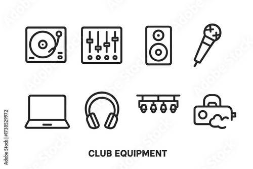 Club Equipment Icons. Outline icon set of club equipment: turntable, mixer, speaker, microphone, laptop, headphones, lighting rig, smoke machine. [Line icons