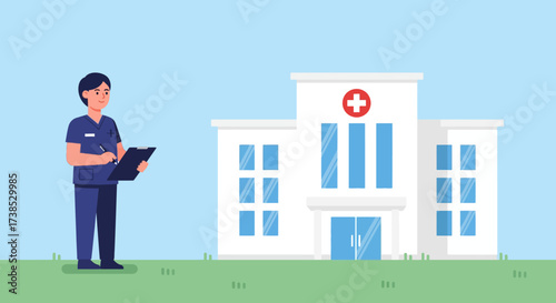 Medical professional with a clipboard outside a modern hospital building, representing essential healthcare administration, patient care planning, and facility management