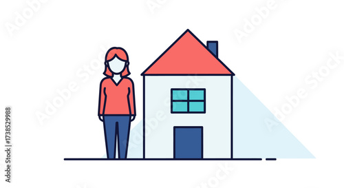 Illustration of a person standing in front of a house, representing concepts of home ownership, real estate, and housing