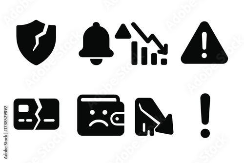 Credit Score Icons. Solid, filled icon set of credit score damage: cracked shield, alert bell, failing bar chart, downward arrow, warning sign, broken credit