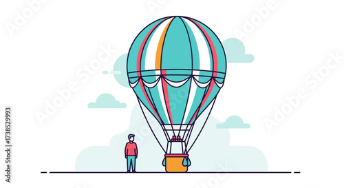 Conceptual illustration of a person standing beside a large, colorful hot air balloon ready for adventure