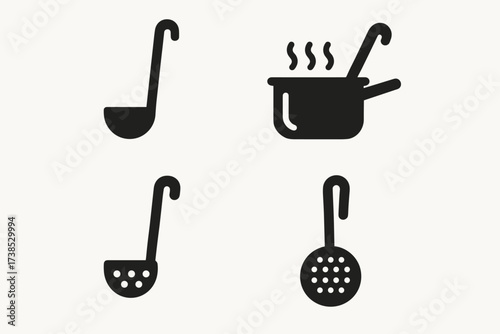 Kitchen Ladles Icon Set. Solid, filled icon set of ladles and related kitchen tools: soup ladle,
