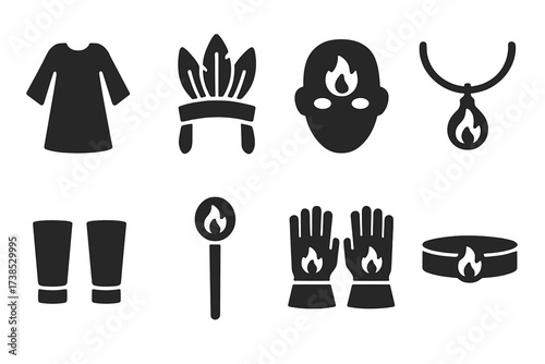 Fire Ritual Icon Set. Solid, filled icon set of fire ritual clothing and accessories: ceremonial robe, feather headdress, fire mask, necklace with flame, arm