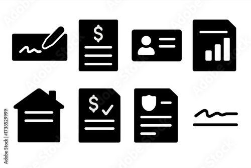 Banking Document Icons. Solid, filled icon set of banking documents: checkbook, bank statement, ID card, financial report, mortgage paper, loan agreement, tax