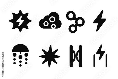 Ion Effect Icon Set. Solid, filled icon set of ion effects: static electricity, ion cloud, ozone generation, air ionization, lightning bolt, ion shower,