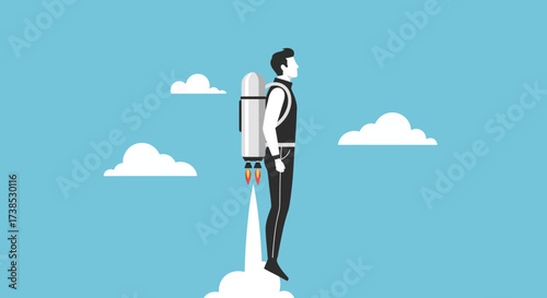 Man with a rocket pack soaring through the sky above the clouds, symbolizing innovation and progress