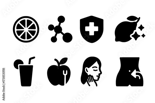 Lime Health Benefits Icons. Solid, filled icon set of lime health benefits: vitamin C, antioxidant, immune boost, detox, refreshing drink, healthy diet, skin