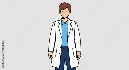 Smiling male doctor or scientist character in white lab coat, a professional representing medical expertise, healthcare, and scientific research in a friendly vector illustration