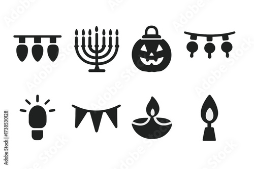 Festive Lights Icons. Solid, filled icon set of holiday lighting: Christmas lights, menorah, Halloween lantern, Diwali lamp, LED string, blinking light,