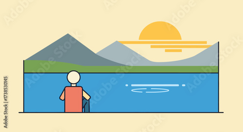 Relaxing lakeside view with an individual watching the sunset over majestic mountains, a tranquil scene of nature's beauty and quiet reflection