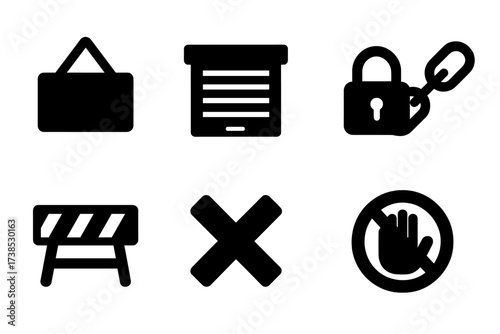 Closed Sign Icons. Solid, filled icon set of closed sign: hanging sign, shuttered door, lock, chain, barrier, crossed lines, stop hand, no entry symbol. [Line