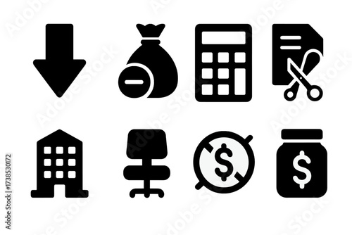 Cost Reduction Icons. Solid, filled icon set of cost reduction: downward arrow, money bag with minus, calculator, document with scissors, office building,