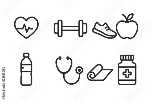 Father's Health Icons. Outline icon set of father?s health and wellness: heartbeat, dumbbell, running shoe, apple, water bottle, stethoscope, yoga mat,