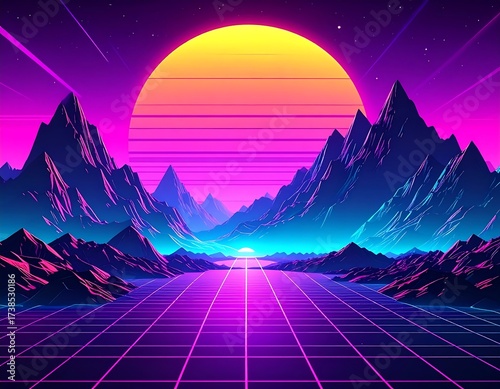 Retro Futuristic Mountain Landscape.