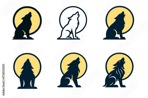 Werewolf Logo Variations. Werewolves. Set Logo of Werewolves: Wolf Shadow under Moonlight. harmonious logo variations of the same emblematic concept, each with