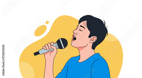 Young Man Singing with Microphone Vector Illustration for Music and Performance Concepts