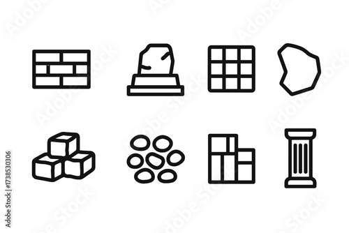 Construction Stone Icons. Solid, filled icon set of stones in construction: brick stone, foundation stone, paving stone, flagstone, stone block, cobblestone,