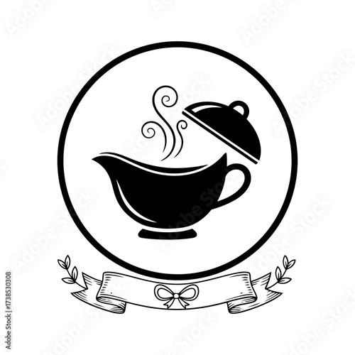Vector art of black silhouette of a steaming gravy boat with lid ajar and banner