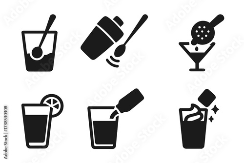 Drink Icon Set. Solid, filled icon set of pour drink preparation: mixing, shaking, stirring, straining, garnishing, filling, topping, chilling. Solid, filled