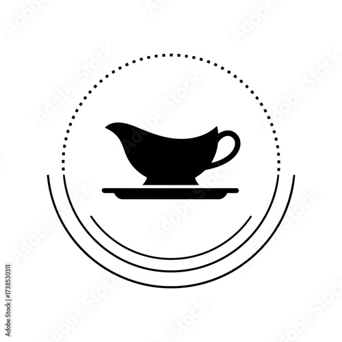 Vector art of black silhouette of a gravy boat on a plate with decorative circles