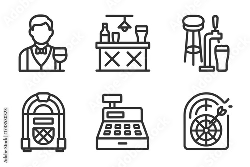 Bar Icons Collection. Outline icon set of bar elements: bartender, bar counter, stool, beer tap, jukebox, cash register, dartboard, neon sign. [Line icons in
