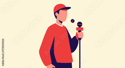 Flat design illustration of a male reporter holding a microphone, symbolizing news broadcasting, media communication, live interviews, and public event coverage